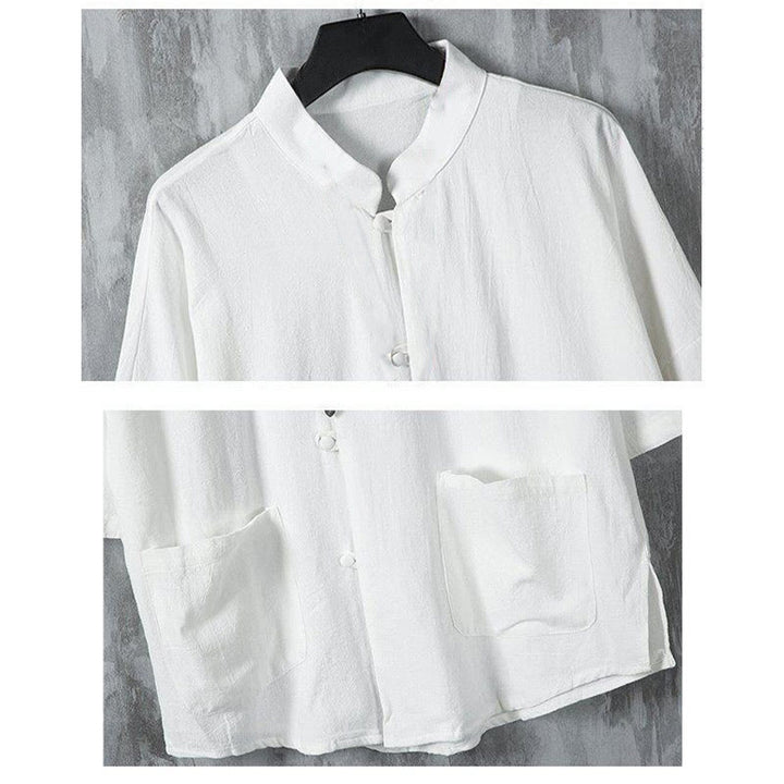 Chemise d'été en lin à manches mi-longues et poches pour homme, motif Buddha Stones , couleur unie - image 4