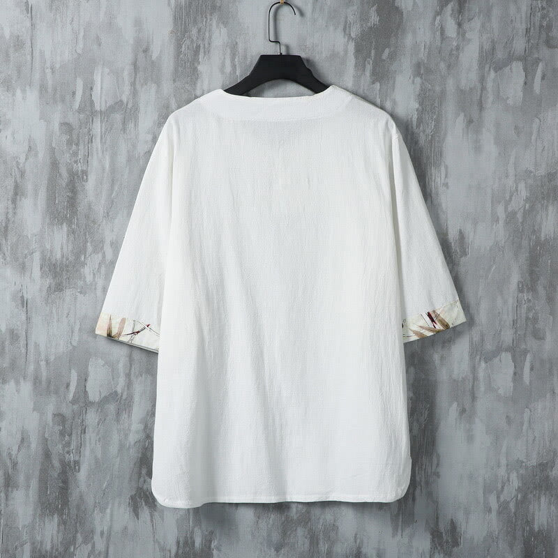 Chemise d'été en lin pour homme, manches mi-longues, motif feuilles de bambou jaune, motif Buddha Stones - image 2