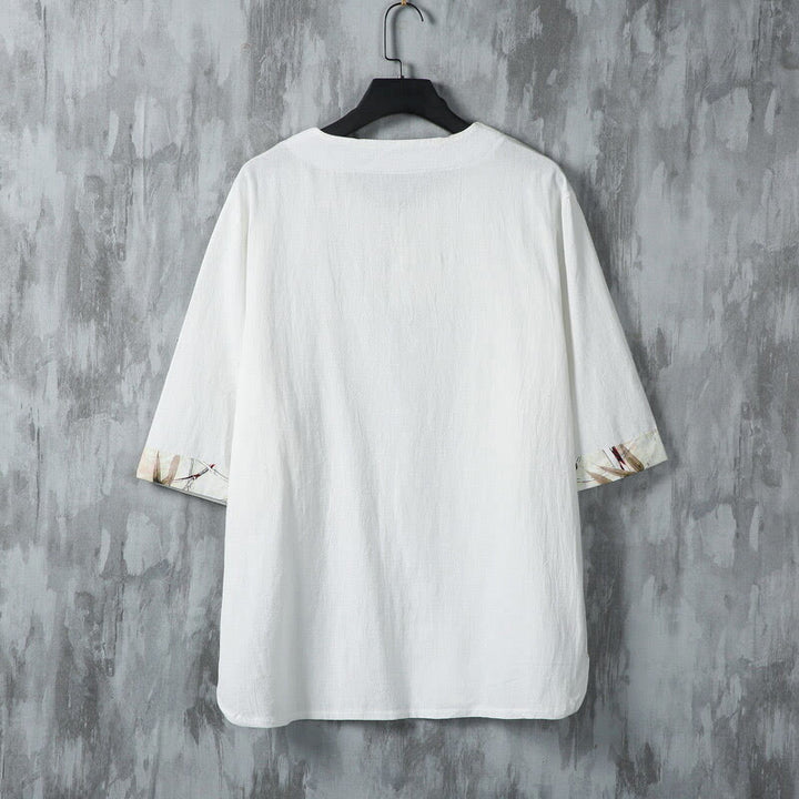 Chemise d'été en lin pour homme, manches mi-longues, motif feuilles de bambou jaune, motif Buddha Stones - image 2