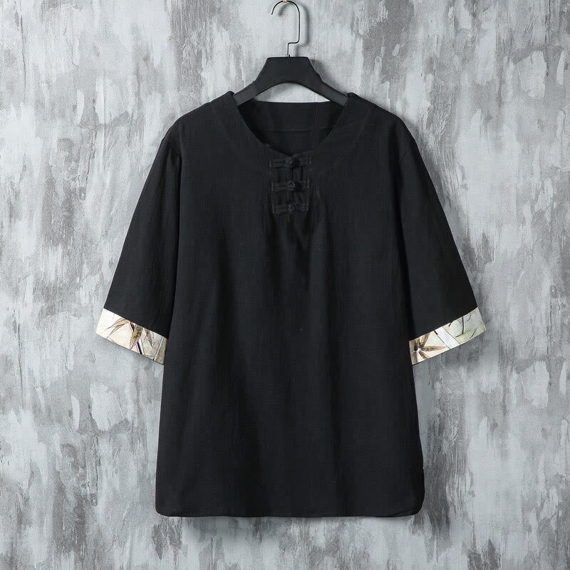 Chemise d'été en lin pour homme, manches mi-longues, motif feuilles de bambou jaune, motif Buddha Stones