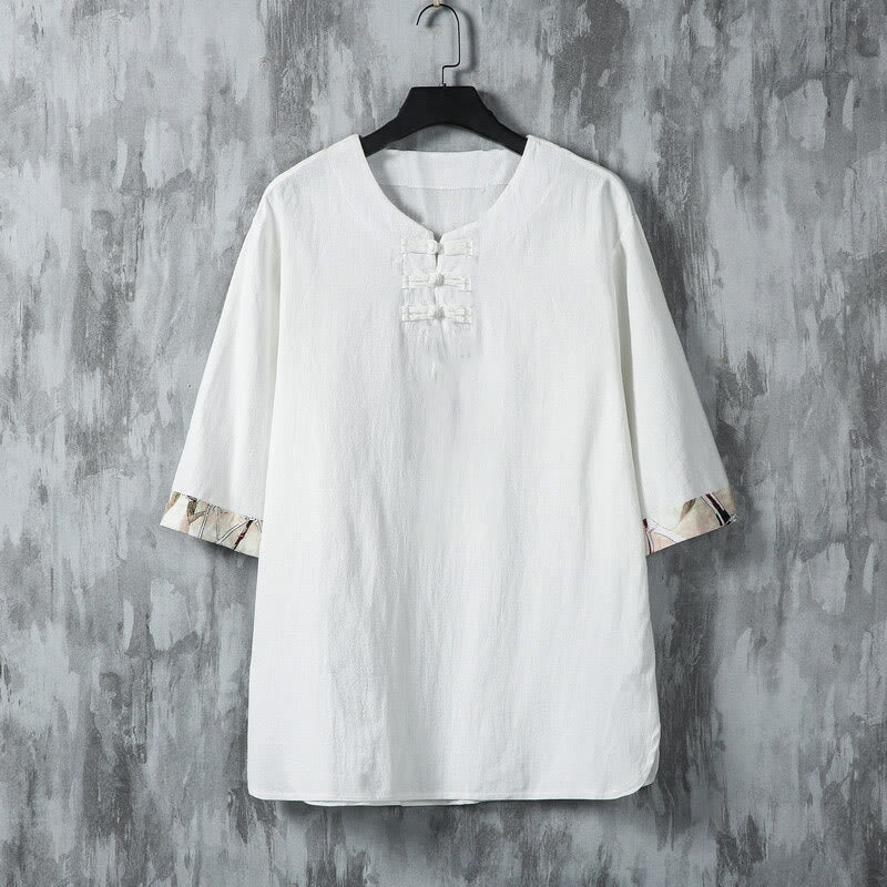 Chemise d'été en lin pour homme, manches mi-longues, motif feuilles de bambou jaune, motif Buddha Stones