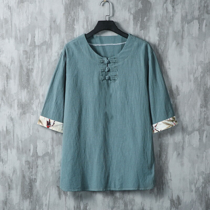 Chemise d'été en lin pour homme, manches mi-longues, motif feuilles de bambou jaune, motif Buddha Stones - DarkCyan - US/UK/AU46，EU56 (5XL) - image 0