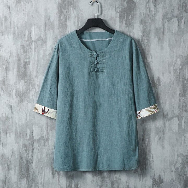 Chemise d'été en lin pour homme, manches mi-longues, motif feuilles de bambou jaune, motif Buddha Stones - DarkCyan - US/UK/AU46，EU56 (5XL) - image 0