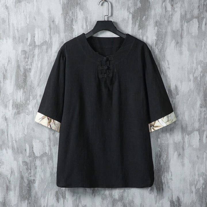 Chemise d'été en lin pour homme, manches mi-longues, motif feuilles de bambou jaune, motif Buddha Stones - Noir - US/UK/AU46，EU56 (5XL) - image 6