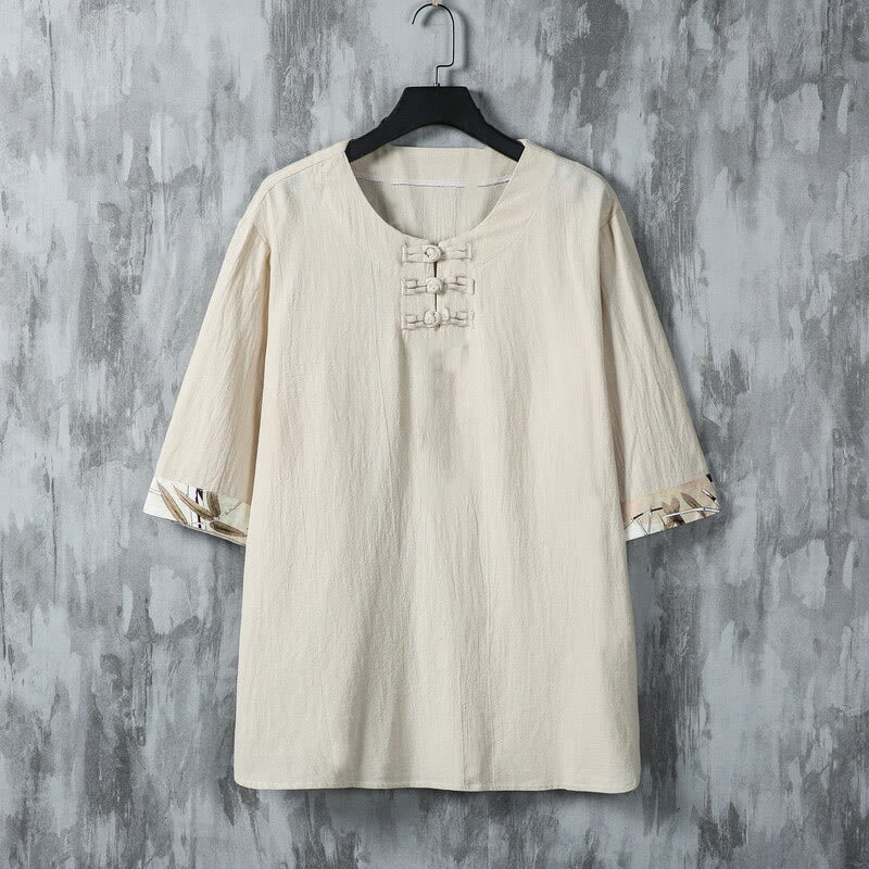 Chemise d'été en lin pour homme, manches mi-longues, motif feuilles de bambou jaune, motif Buddha Stones