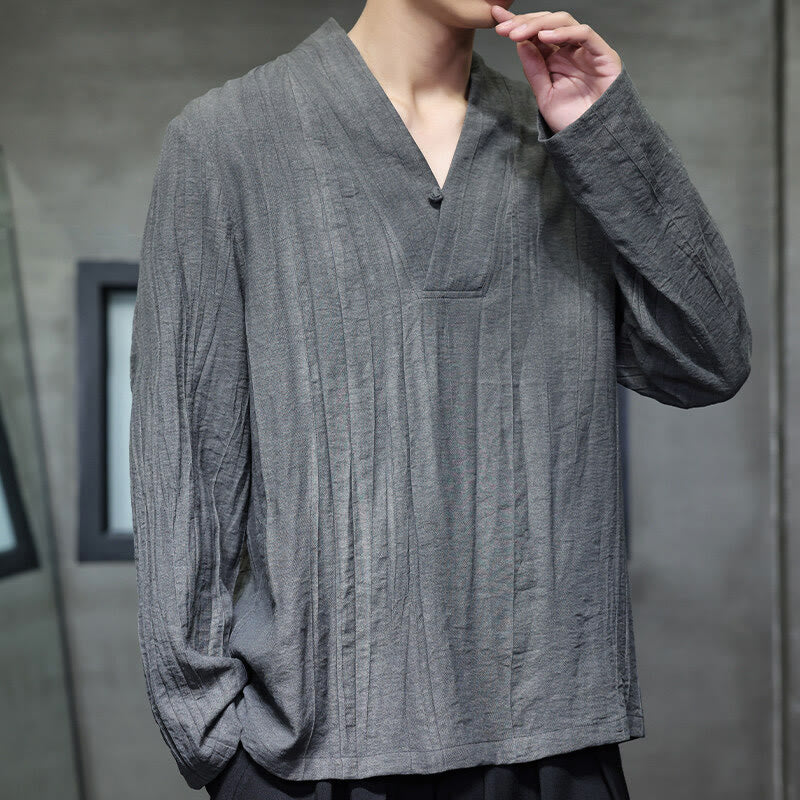 Chemise en lin à manches longues et col en V pour homme Motif Buddha Stones - image 1