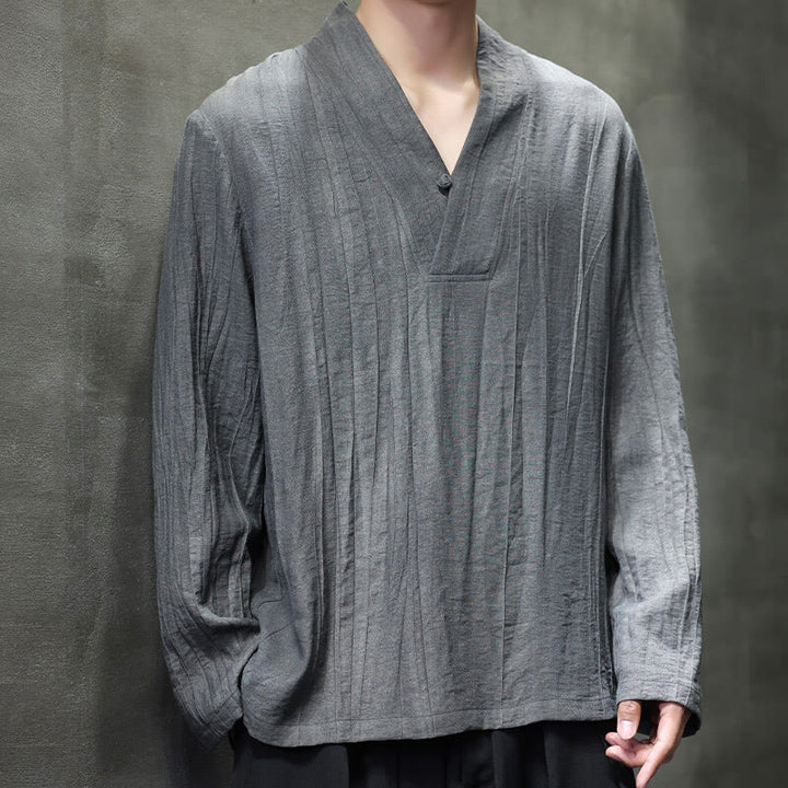 Chemise en lin à manches longues et col en V pour homme Motif Buddha Stones - Gris - US/UK/AU46，EU56 (5XL) - image 0