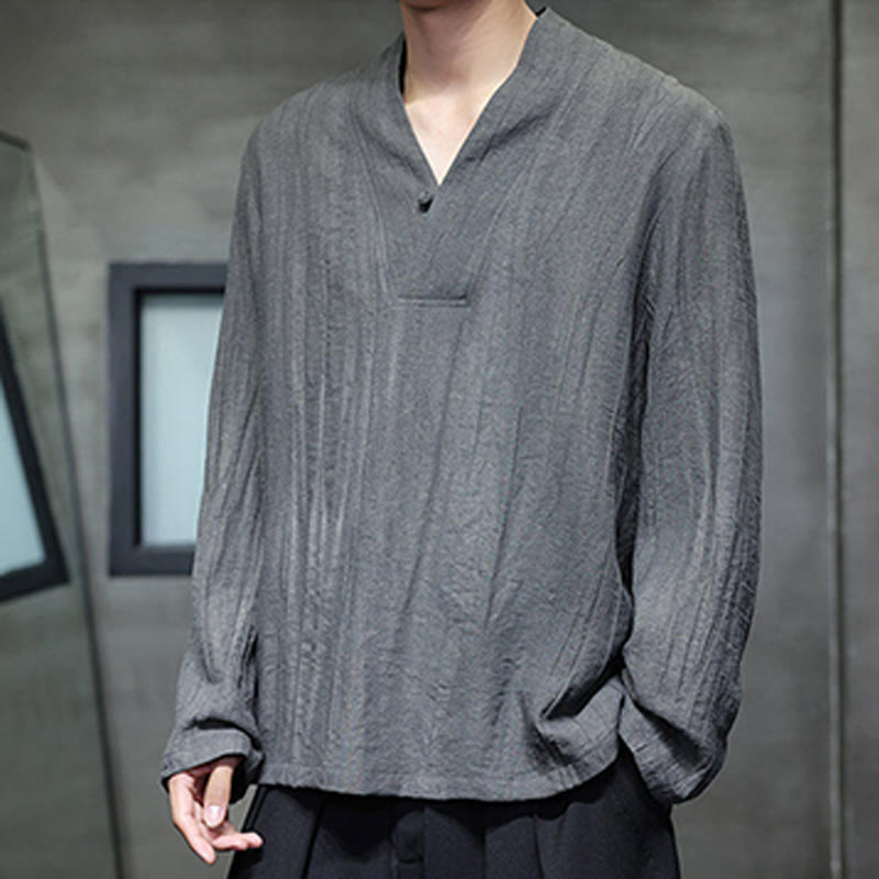 Chemise en lin à manches longues et col en V pour homme Motif Buddha Stones - image 4