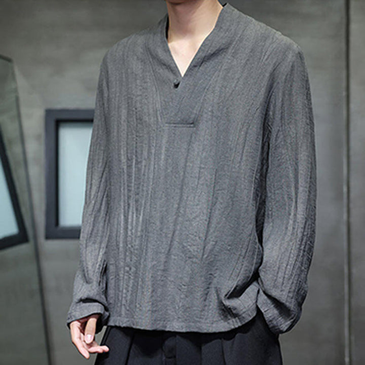 Chemise en lin à manches longues et col en V pour homme Motif Buddha Stones - image 4