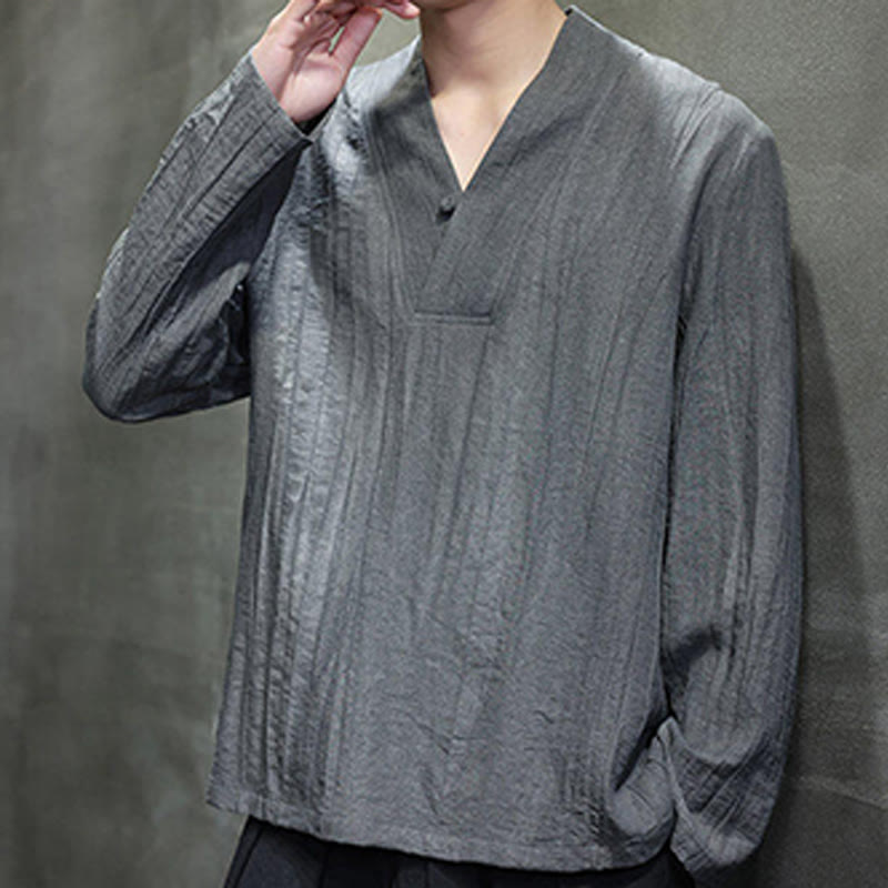 Chemise en lin à manches longues et col en V pour homme Motif Buddha Stones - image 5