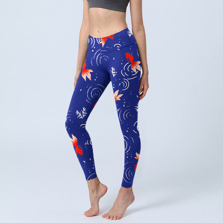 Leggings de sport imprimés Buddha Stones, poissons rouges et ondulations d'eau, pantalons de yoga pour femmes - Bleu moyen - US18，UK/AU22，EU50 (4XL) - image 0