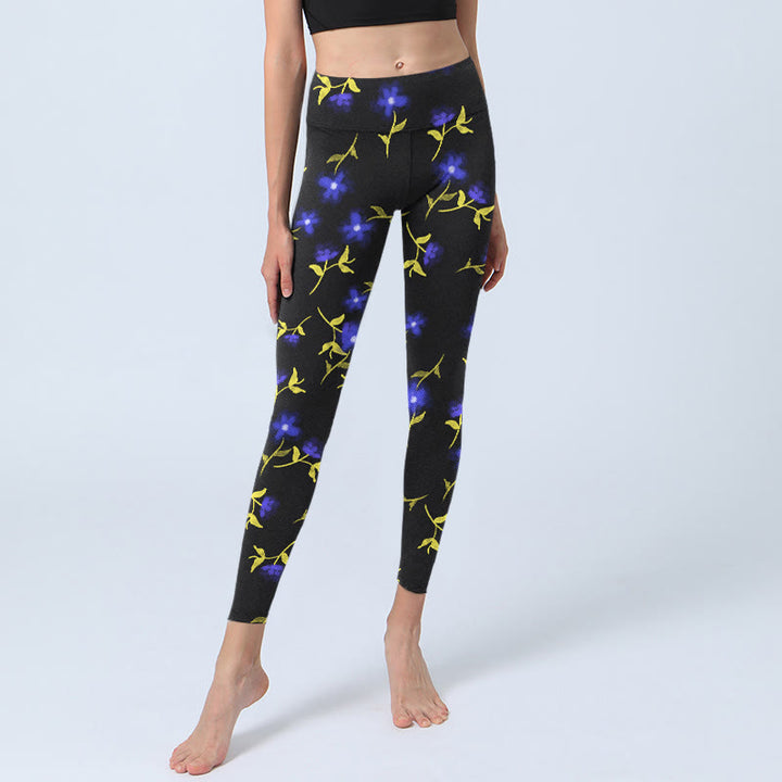 Leggings de sport imprimés Buddha Stones, fleurs bleues et feuilles, pantalons de yoga pour femmes - image 5
