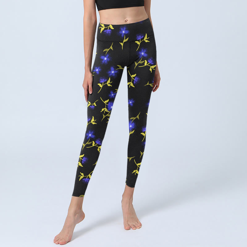 Leggings de sport imprimés Buddha Stones, fleurs bleues et feuilles, pantalons de yoga pour femmes - image 6