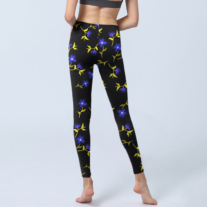 Leggings de sport imprimés Buddha Stones, fleurs bleues et feuilles, pantalons de yoga pour femmes - image 6