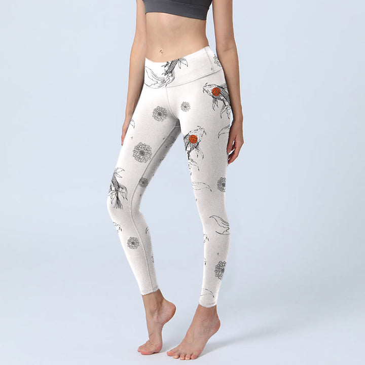 Leggings de sport imprimés Buddha Stones Koi Fish Chrysanthemum pour femmes, pantalons de yoga - GhostWhite - US18，UK/AU22，EU50 (4XL) - image 0