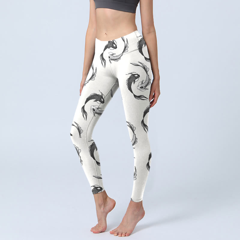 Leggings de sport imprimés Buddha Stones Yin Yang Koi Fish pour femmes, pantalons de yoga - Blanc - US18，UK/AU22，EU50 (4XL) - image 0