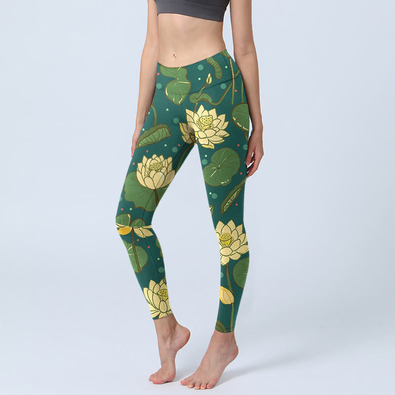 Leggings de sport imprimés Buddha Stones , fleurs de lotus en fleurs, feuilles de lotus, pantalons de yoga pour femmes - Vert forêt - US18，UK/AU22，EU50 (4XL) - image 0