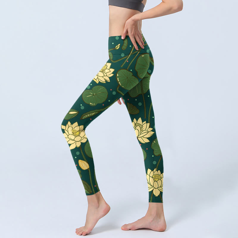 Leggings de sport imprimés Buddha Stones , fleurs de lotus en fleurs, feuilles de lotus, pantalons de yoga pour femmes - image 2