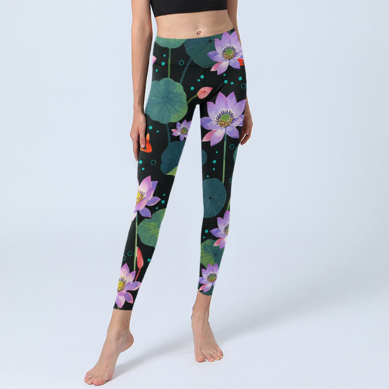 Leggings de sport imprimés Buddha Stones , fleurs de lotus violet clair, feuilles de lotus, poissons koï, pantalons de yoga pour femmes - image 6