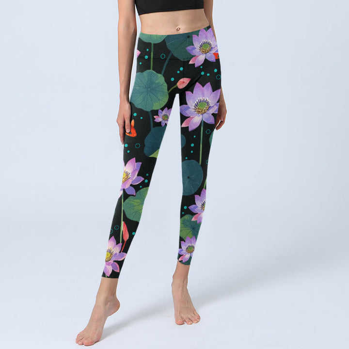 Leggings de sport imprimés Buddha Stones , fleurs de lotus violet clair, feuilles de lotus, poissons koï, pantalons de yoga pour femmes - image 6