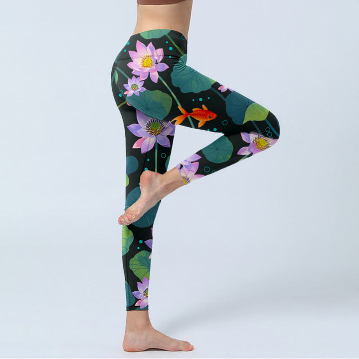 Leggings de sport imprimés Buddha Stones , fleurs de lotus violet clair, feuilles de lotus, poissons koï, pantalons de yoga pour femmes - image 5