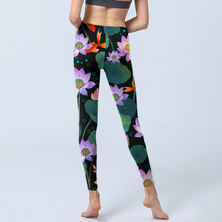 Leggings de sport imprimés Buddha Stones , fleurs de lotus violet clair, feuilles de lotus, poissons koï, pantalons de yoga pour femmes - image 7