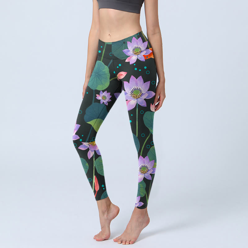 Leggings de sport imprimés Buddha Stones , fleurs de lotus violet clair, feuilles de lotus, poissons koï, pantalons de yoga pour femmes - Noir - US18，UK/AU22，EU50 (4XL) - image 0