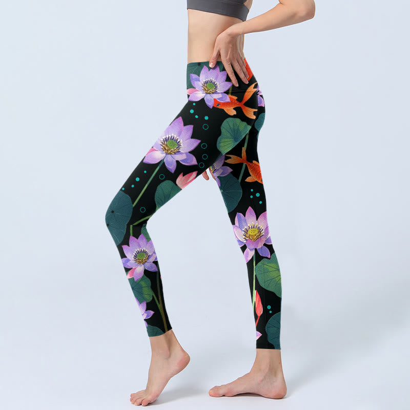 Leggings de sport imprimés Buddha Stones , fleurs de lotus violet clair, feuilles de lotus, poissons koï, pantalons de yoga pour femmes - image 2