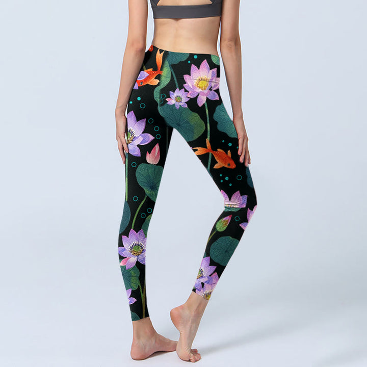 Leggings de sport imprimés Buddha Stones , fleurs de lotus violet clair, feuilles de lotus, poissons koï, pantalons de yoga pour femmes - image 3