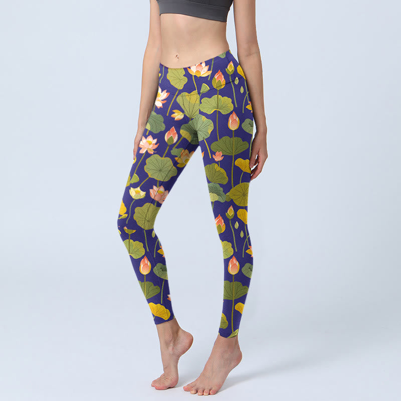 Leggings de sport imprimés Buddha Stones, fleurs de lotus roses et blanches, motif feuilles de lotus, pantalons de yoga pour femmes - Bleu foncé - US18，UK/AU22，EU50 (4XL) - image 0