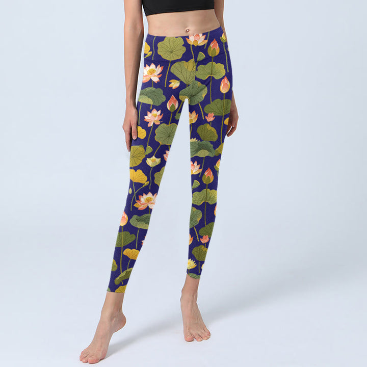 Leggings de sport imprimés Buddha Stones, fleurs de lotus roses et blanches, motif feuilles de lotus, pantalons de yoga pour femmes - image 6
