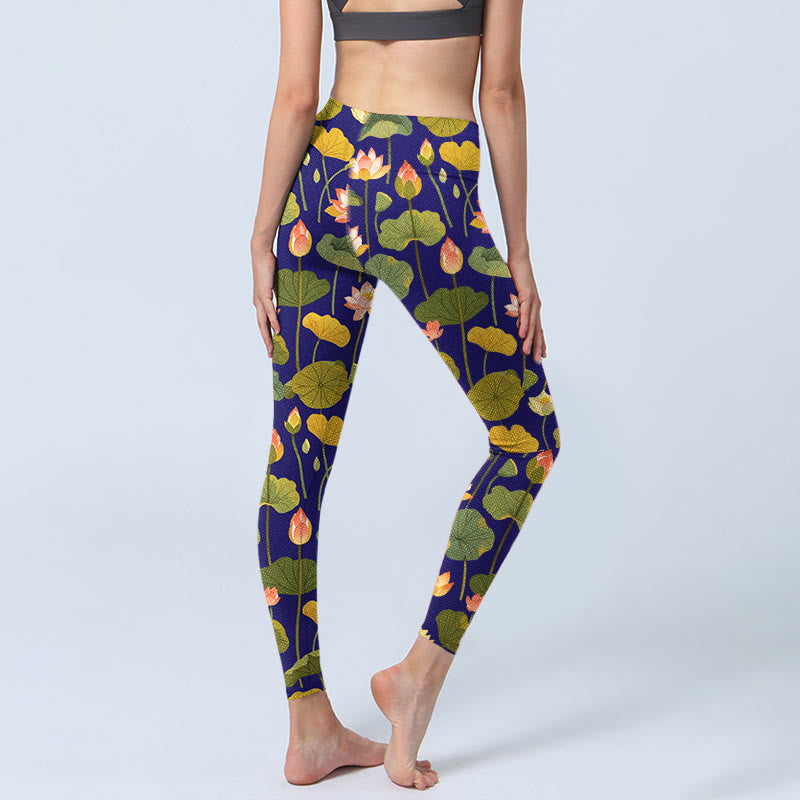 Leggings de sport imprimés Buddha Stones, fleurs de lotus roses et blanches, motif feuilles de lotus, pantalons de yoga pour femmes - image 3