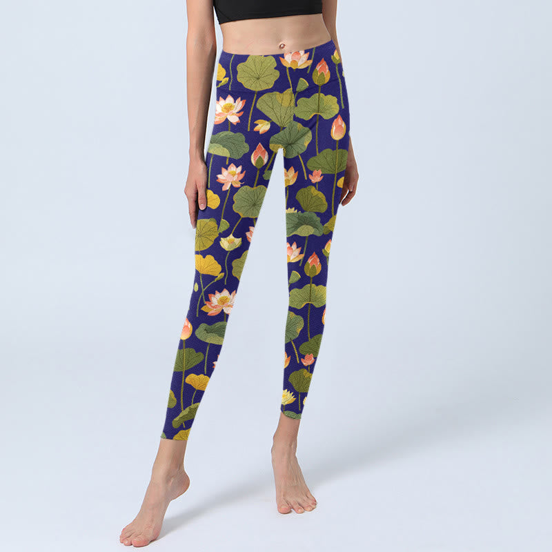 Leggings de sport imprimés Buddha Stones, fleurs de lotus roses et blanches, motif feuilles de lotus, pantalons de yoga pour femmes - image 5
