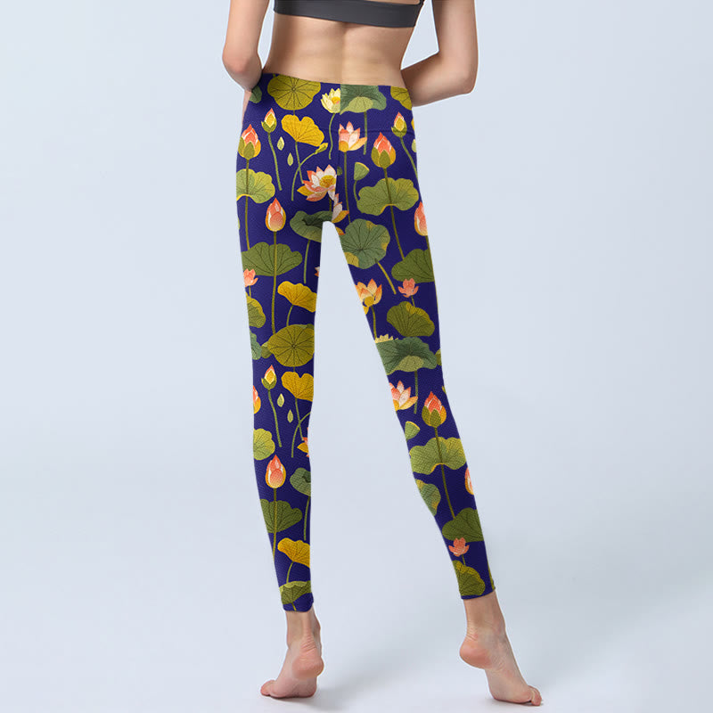 Leggings de sport imprimés Buddha Stones, fleurs de lotus roses et blanches, motif feuilles de lotus, pantalons de yoga pour femmes - image 6