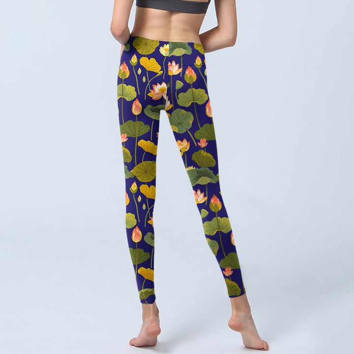 Leggings de sport imprimés Buddha Stones, fleurs de lotus roses et blanches, motif feuilles de lotus, pantalons de yoga pour femmes - image 7