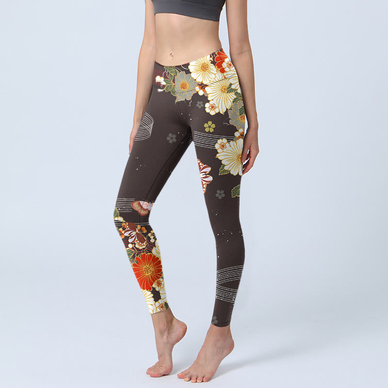 Leggings de sport à imprimé floral et papillon Buddha Stones pour femme - SaddleBrown - US18，UK/AU22，EU50 (4XL) - image 0