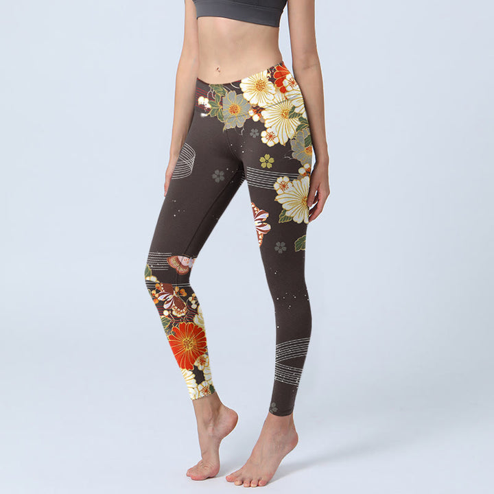 Leggings de sport à imprimé floral et papillon Buddha Stones pour femme - SaddleBrown - US18，UK/AU22，EU50 (4XL) - image 0