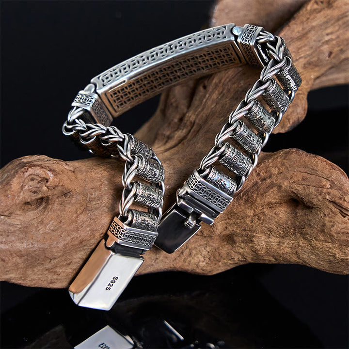 Bracelet en métal avec boucle en cuivre tibétain et Buddha Stones , roue de prière, Sutra du cœur, Pi Xiu