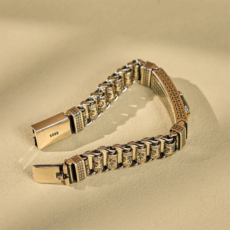 Bracelet en métal avec boucle en cuivre tibétain et Buddha Stones , roue de prière, Sutra du cœur, Pi Xiu