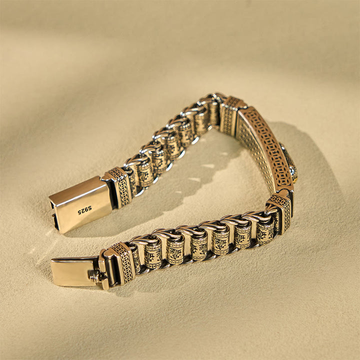 Bracelet en métal avec boucle en cuivre tibétain et Buddha Stones , roue de prière, Sutra du cœur, Pi Xiu