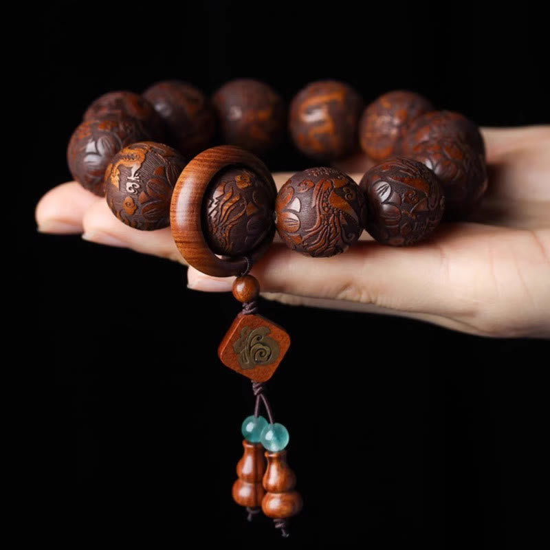 Bracelet de chaleur en perles de bois de rose avec Buddha Stones sculptées naturelles, dragon et phénix Fu