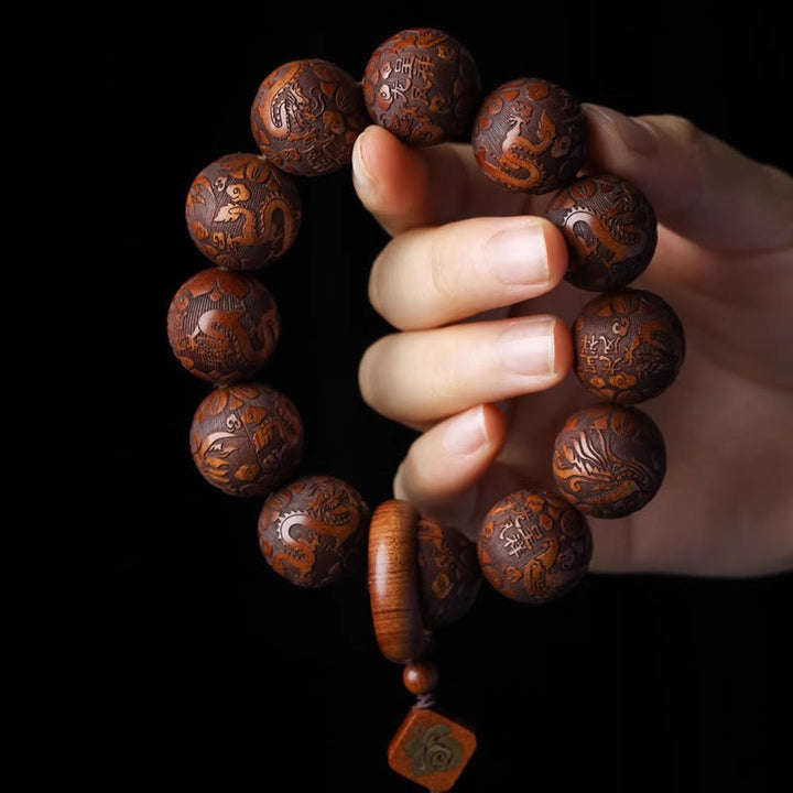 Bracelet de chaleur en perles de bois de rose avec Buddha Stones sculptées naturelles, dragon et phénix Fu