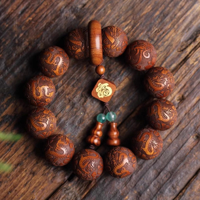 Bracelet de chaleur en perles de bois de rose avec Buddha Stones sculptées naturelles, dragon et phénix Fu