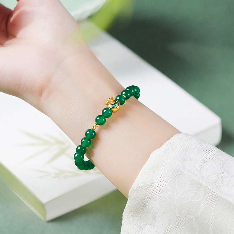 Bracelet porte-bonheur en argent sterling 999 avec Buddha Stones et calcédoine verte