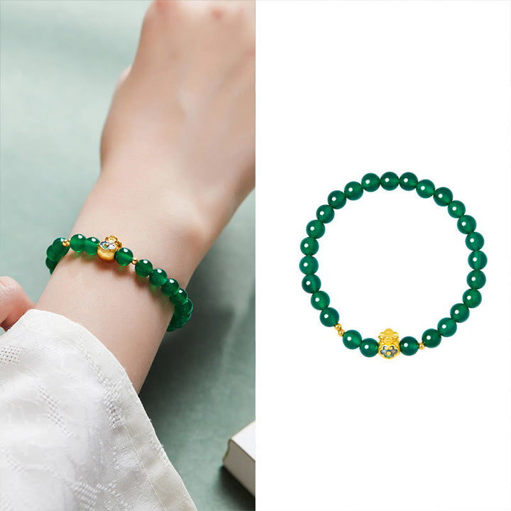 Bracelet porte-bonheur en argent sterling 999 avec Buddha Stones et calcédoine verte