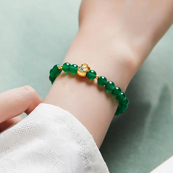 Bracelet porte-bonheur en argent sterling 999 avec Buddha Stones et calcédoine verte