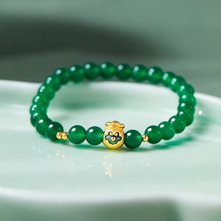 Bracelet porte-bonheur en argent sterling 999 avec Buddha Stones et calcédoine verte