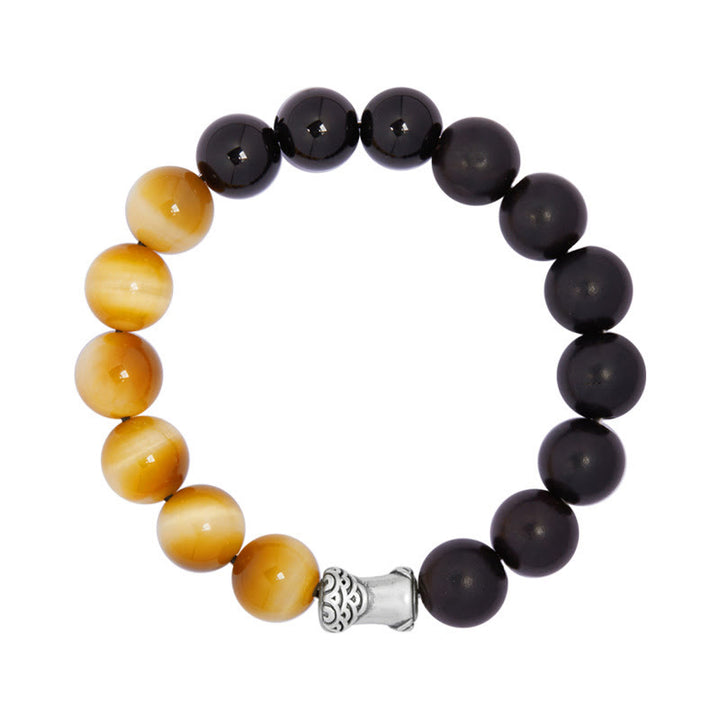 Bracelet de relaxation Buddha Stones en argent sterling 999, ébène, œil de tigre, obsidienne noire