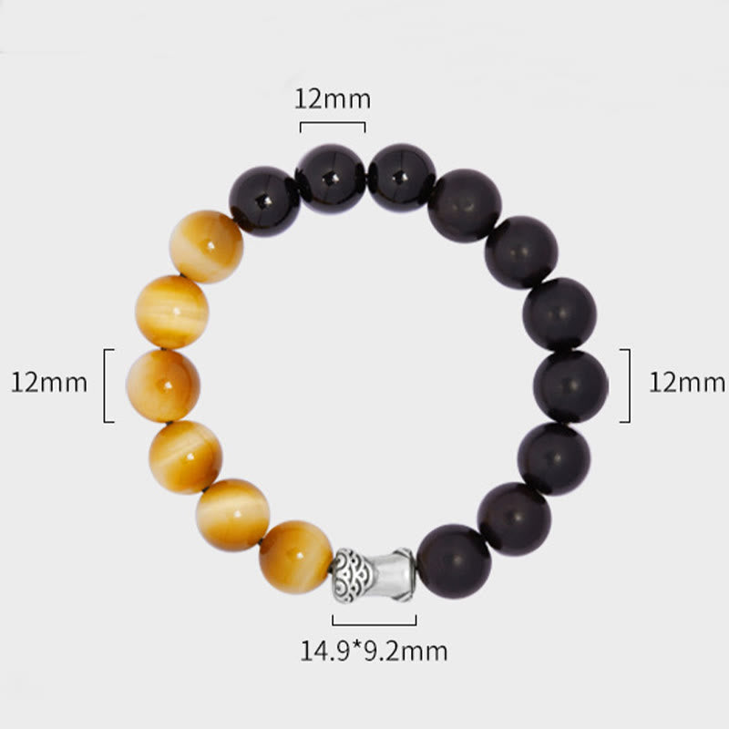 Bracelet de relaxation Buddha Stones en argent sterling 999, ébène, œil de tigre, obsidienne noire
