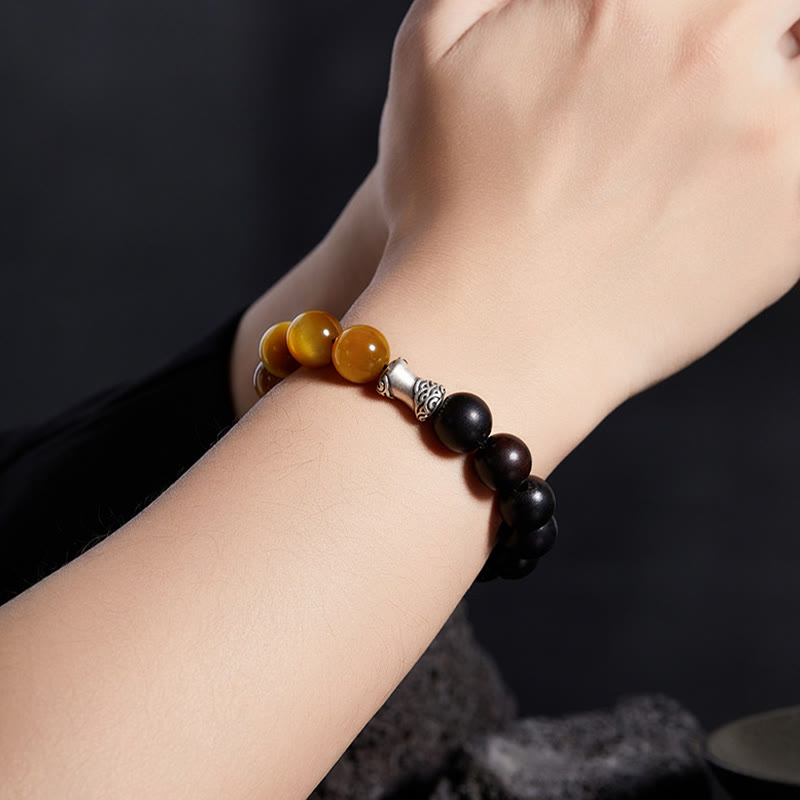 Bracelet de relaxation Buddha Stones en argent sterling 999, ébène, œil de tigre, obsidienne noire